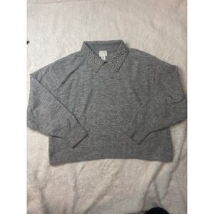 H&M Pearl Collar Sweater Womens Large Gray Embellished Knit Pullover